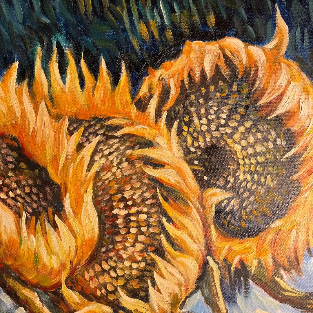 ★秀作★ 手書き油絵 ゴッホ 4本の切ったひまわり 肉筆絵画 額付き 油彩画