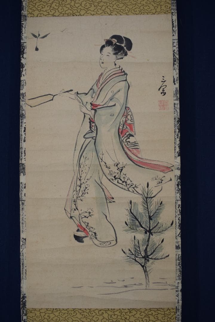 【複製】作者不詳/三閑/美人画/正月羽根つき/版画/掛軸☆宝船☆Y-544　JM