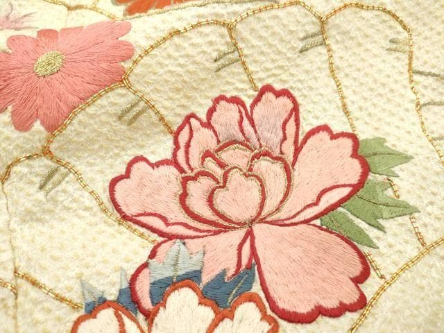 着物■豪華振袖　駒刺繍　総絞り　檜扇花文　金糸　正絹　逸品