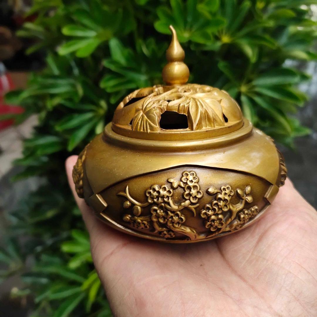 銅 細工 四季花瓢簞蓋香炉 銅製 茶道具 香道具 工芸品 美術品 置物