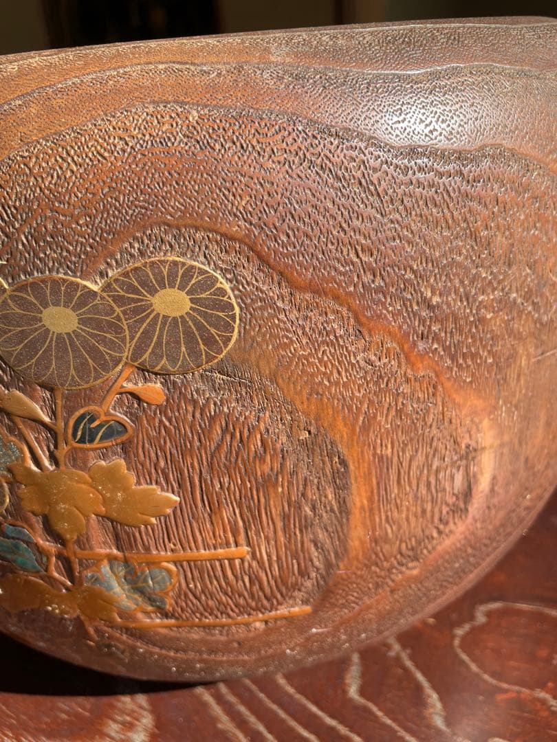 美品　時代　桐火鉢　秋草蒔絵 火鉢　螺鈿入り　茶道具　骨董品　木製火鉢　100年