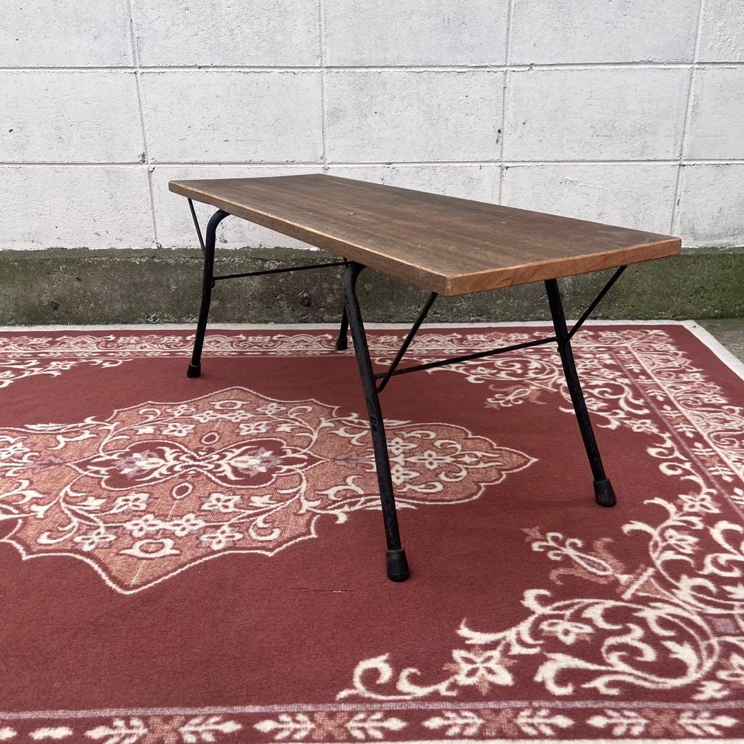 古家具アンティーク◾️鉄脚アイアン×木製無垢材 一枚板天板 折り畳みテーブル 机