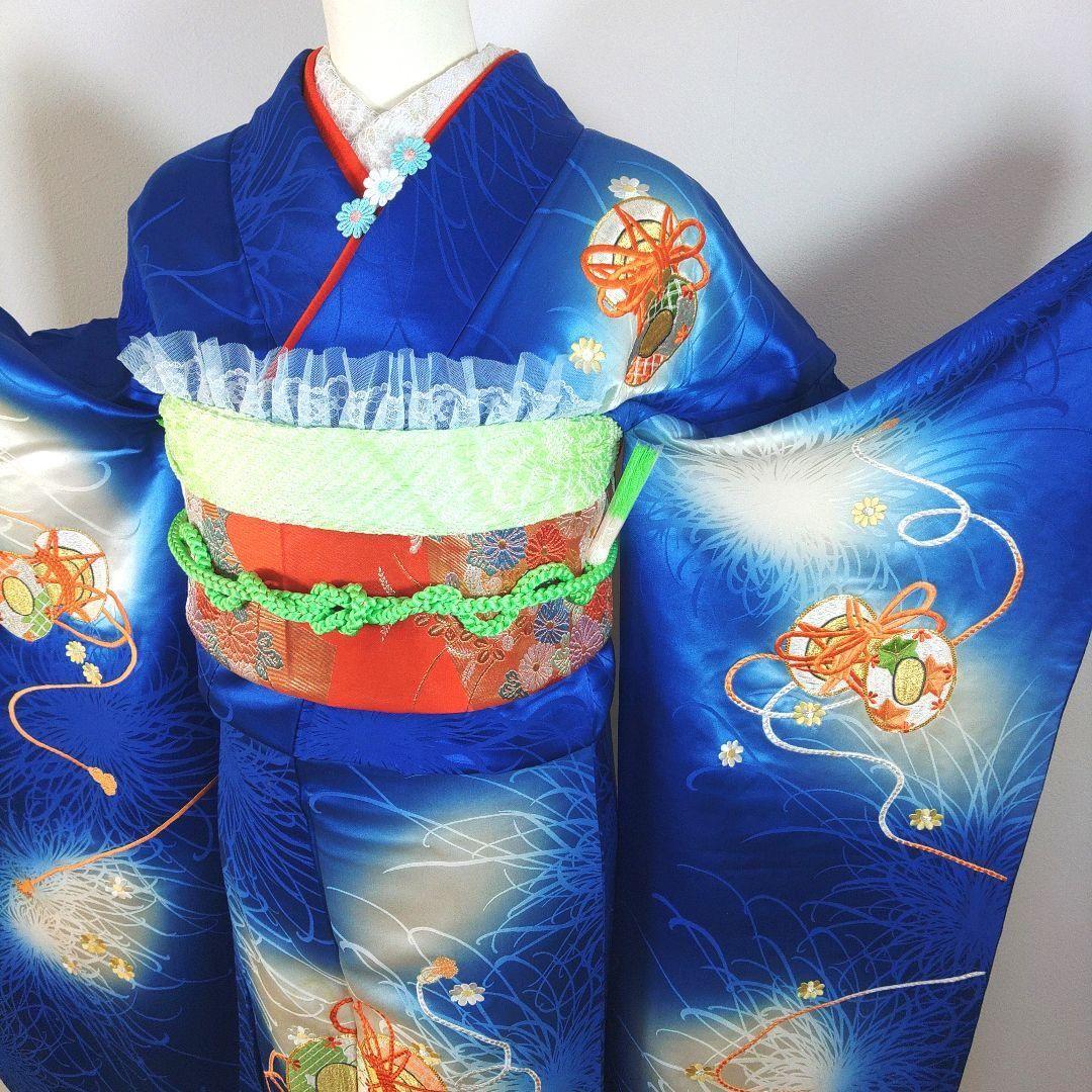 格安！　振袖フルセット　9点　成人式　結婚式　前撮り　青　ブルー　オレンジ