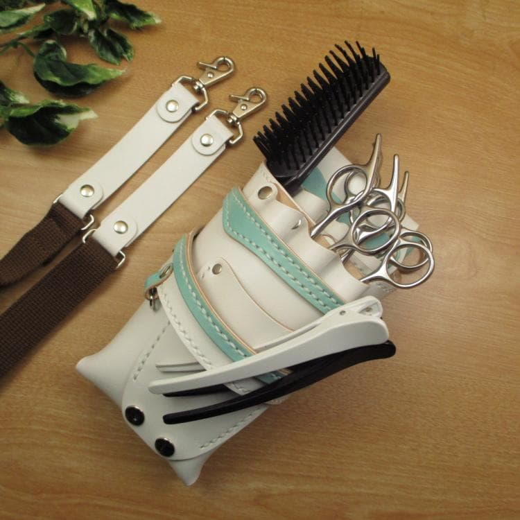 ホワイト＆空色　６丁差し　本革シザーケース　SCA-154/CWD