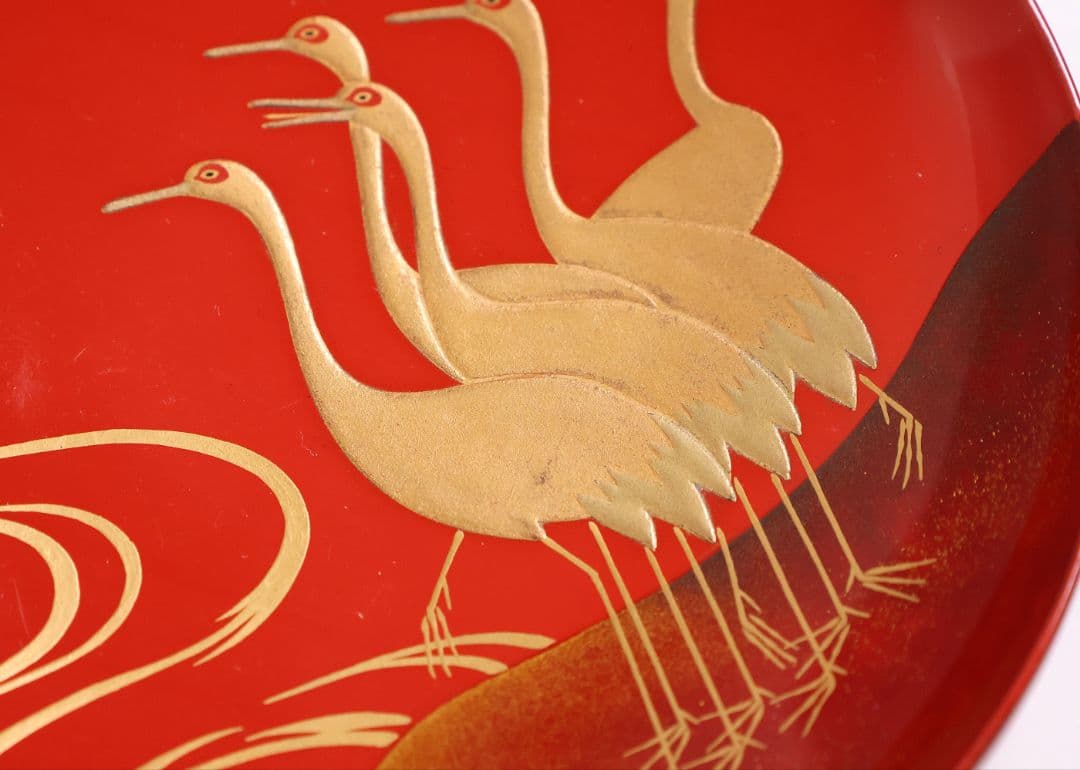 【CM375】時代木製漆器 光琳写 金蒔絵 群鶴図 朱塗 引盃 五客 小皿 杯