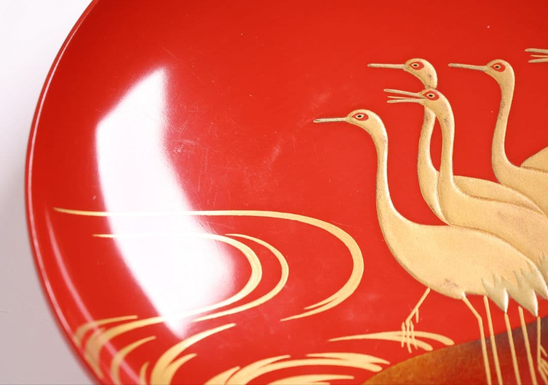 【CM375】時代木製漆器 光琳写 金蒔絵 群鶴図 朱塗 引盃 五客 小皿 杯