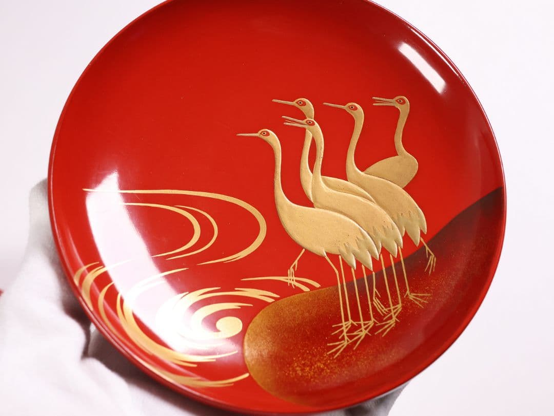 【CM375】時代木製漆器 光琳写 金蒔絵 群鶴図 朱塗 引盃 五客 小皿 杯