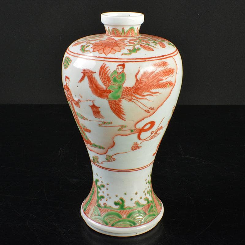 中国　大明萬暦年製款　赤絵　鳳凰人物文　梅瓶　V　R7283