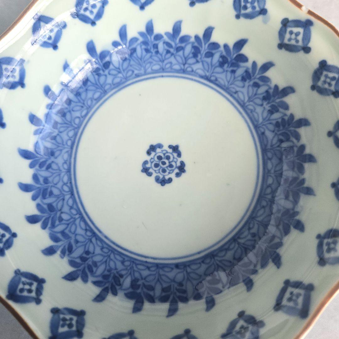 古伊万里　染付　深皿　七宝文　五葉若葉　金継ぎ　江戸　金直し　アンティーク　骨董