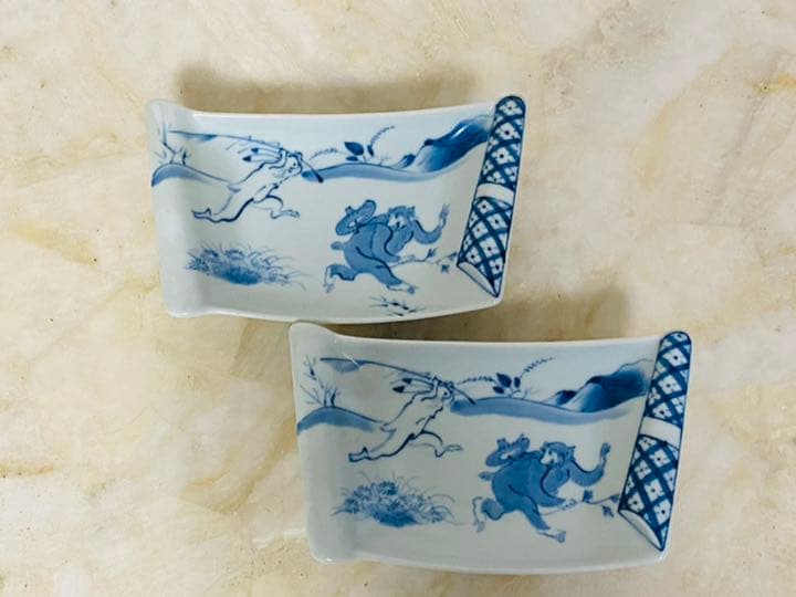 染付　向付　皿　食器　鳥獣戯画紋向付　2枚組