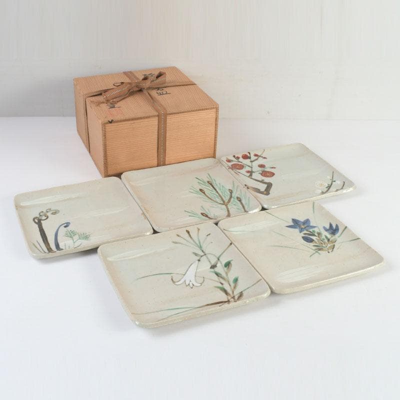 和食器　茶懐石　幸兵衛窯　絵変四方皿　銘々皿　五客　共箱　N　9420