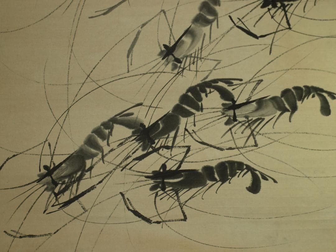 骨董市仕入れ品　中国近時代 白石作 虾図 掛軸　 BD604C11-4