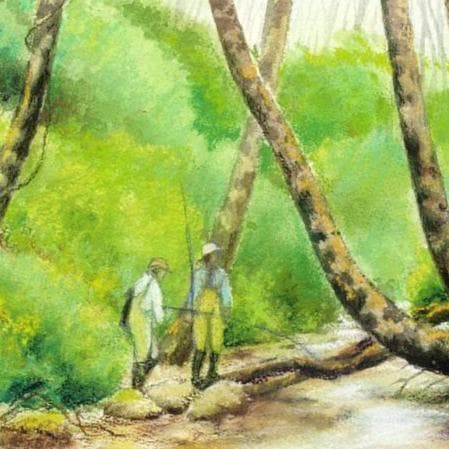 絵画「北海道 虫類川にて」　水彩画