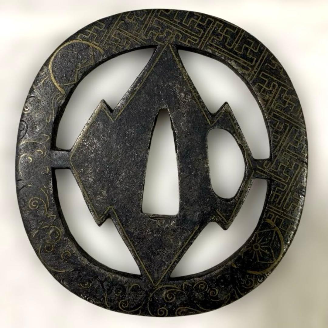 B-65 鍔　『正阿弥 天地扇』　金象嵌　鉄地　武具　刀装具　美術品　工芸品