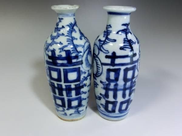 徳利■中国 青華 古い酒器 2本 染付 花唐草 お銚子 時代物 骨董品 古玩■