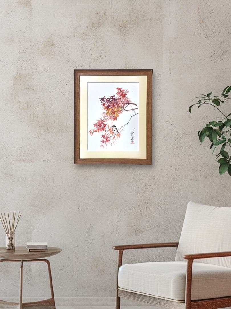 【古口翠芳/Suihou Koguchi】墨彩画　紅葉と雀　木製額縁付き