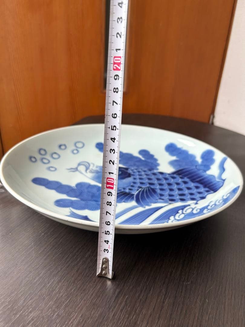 伊万里 染付 青絵 登り鯉 魚藻文 江戸後期 出世 大皿 飾り皿 絵皿 骨董品