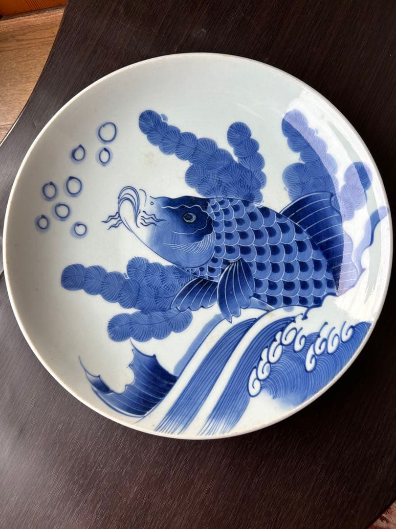 伊万里 染付 青絵 登り鯉 魚藻文 江戸後期 出世 大皿 飾り皿 絵皿 骨董品