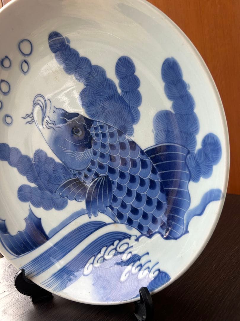 伊万里 染付 青絵 登り鯉 魚藻文 江戸後期 出世 大皿 飾り皿 絵皿 骨董品