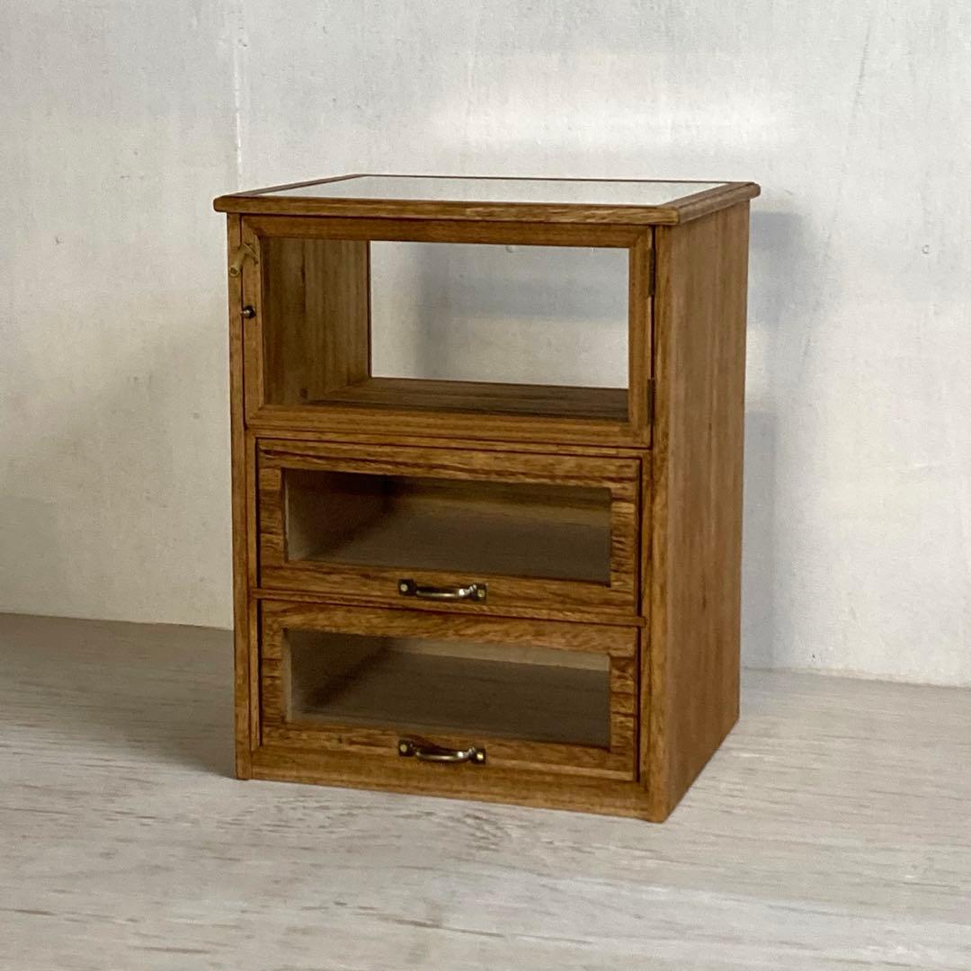 古い木製ガラスケース 引き出し付き 卓上 ショーケース 小物入れ 糸ケース