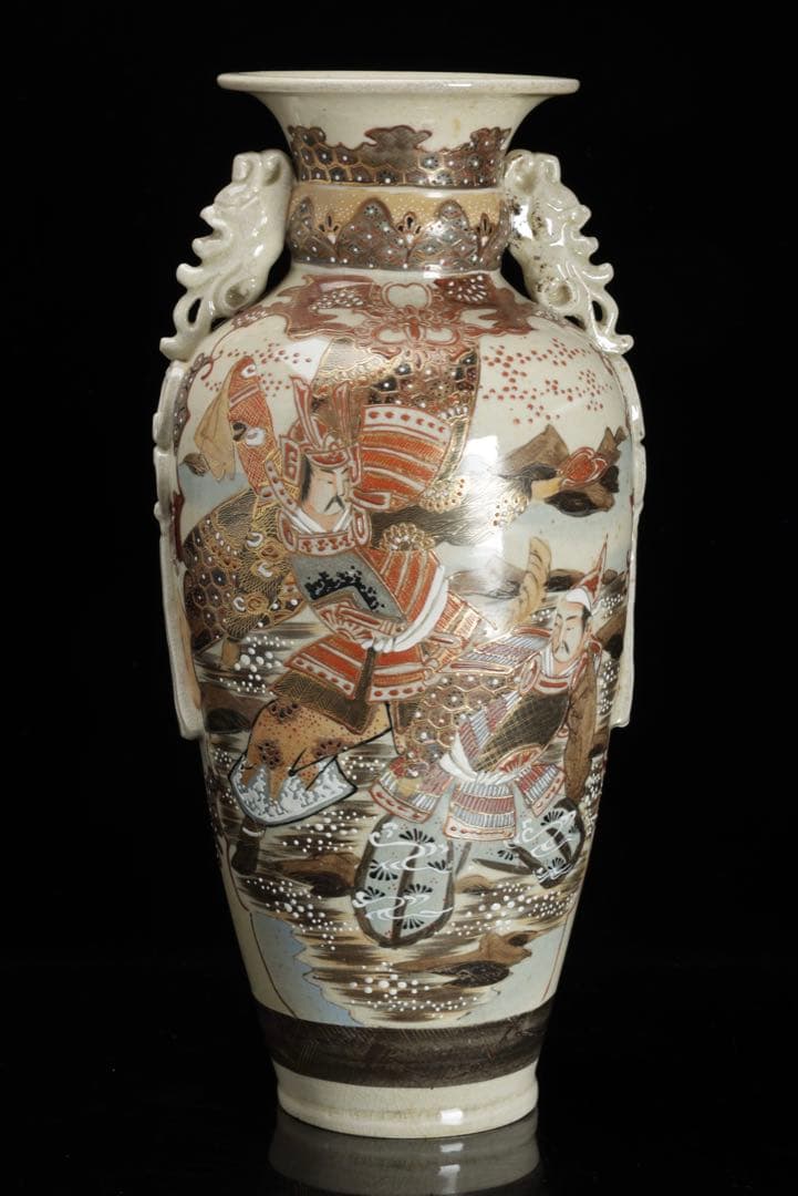 薩摩焼 金襴手色絵耳付武者図花瓶 共箱付 36.5㎝ 花器 飾壺 古美術 骨董品