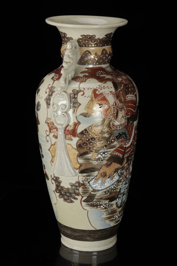 薩摩焼 金襴手色絵耳付武者図花瓶 共箱付 36.5㎝ 花器 飾壺 古美術 骨董品
