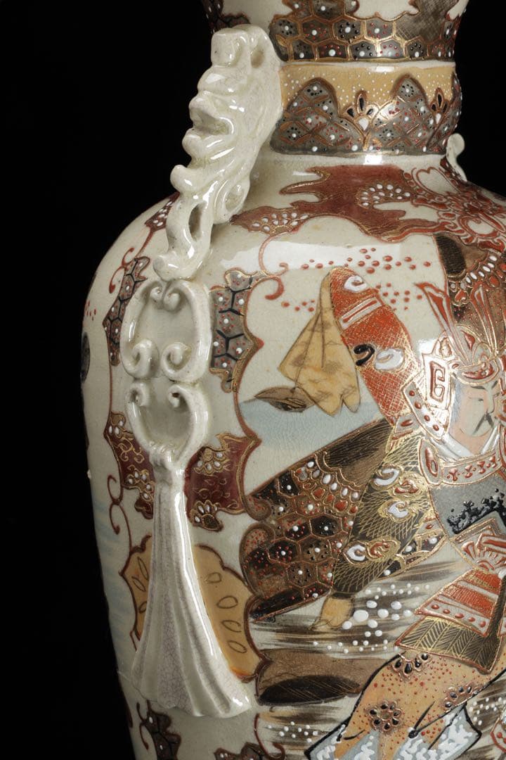 薩摩焼 金襴手色絵耳付武者図花瓶 共箱付 36.5㎝ 花器 飾壺 古美術 骨董品