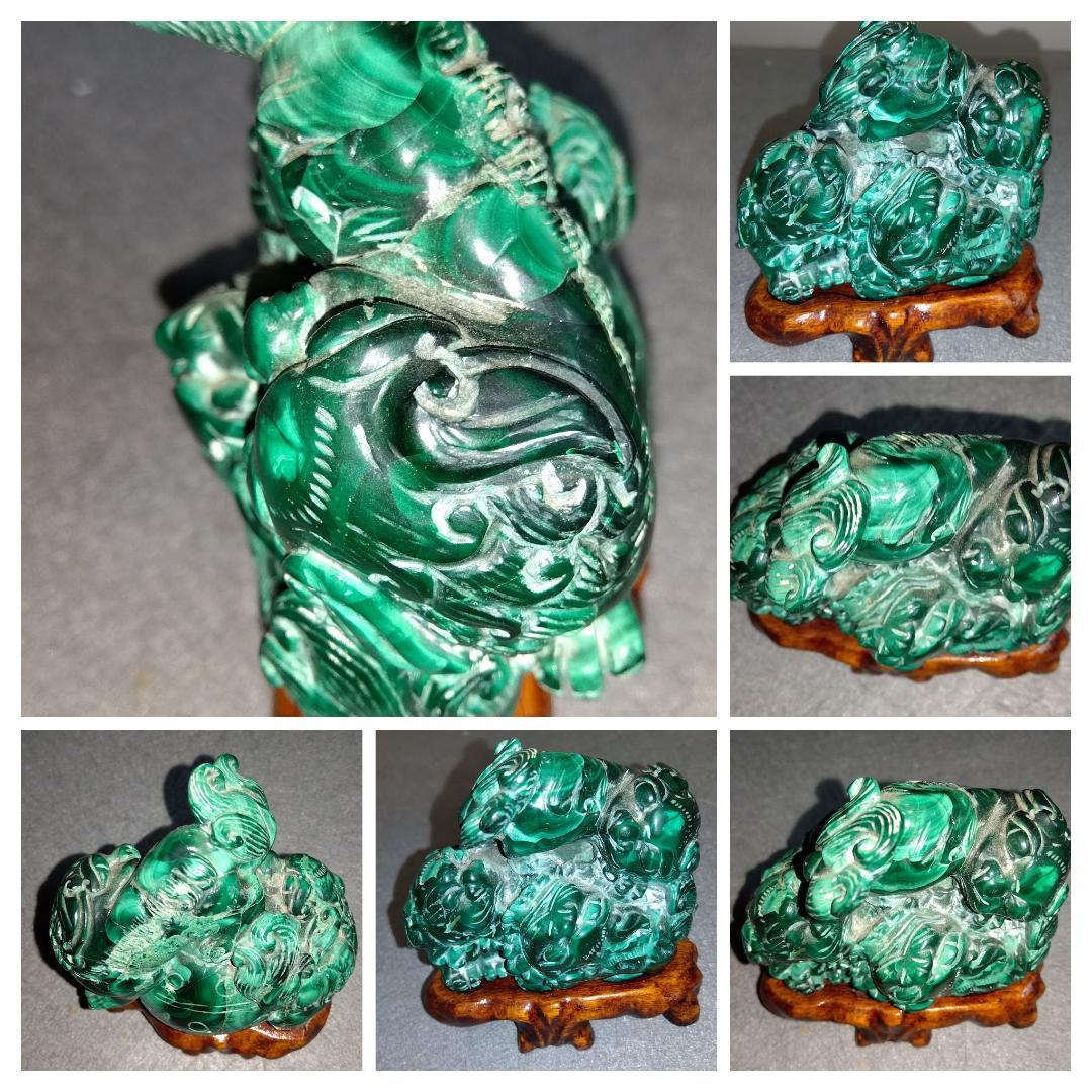 孔雀石（マラカイト）吉祥霊獣三対獅子置物 台座 極細工逸品置物