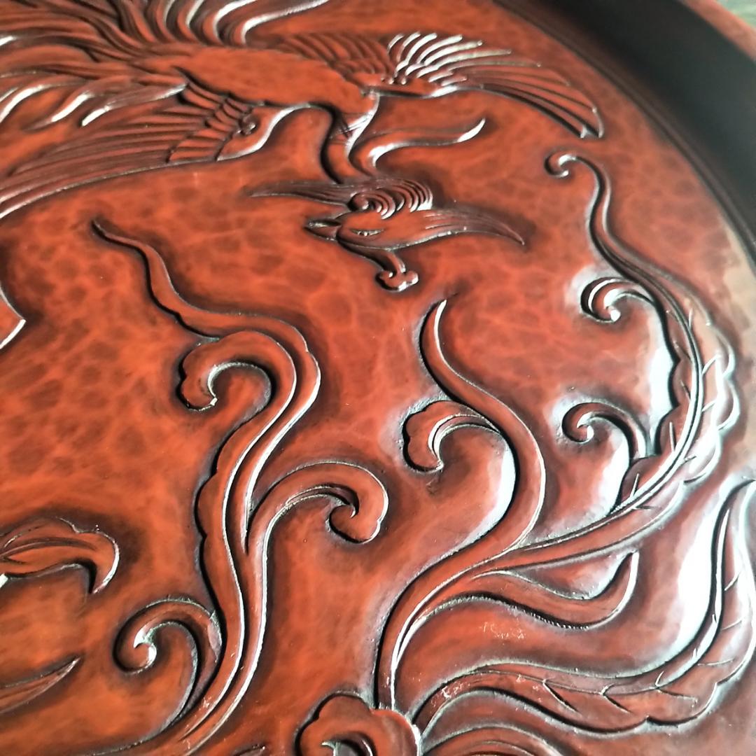 最高級 鎌倉彫　48㎝ 超大型 15寸 博古堂　鳳凰・古鏡モチーフ　丸盆・丸皿