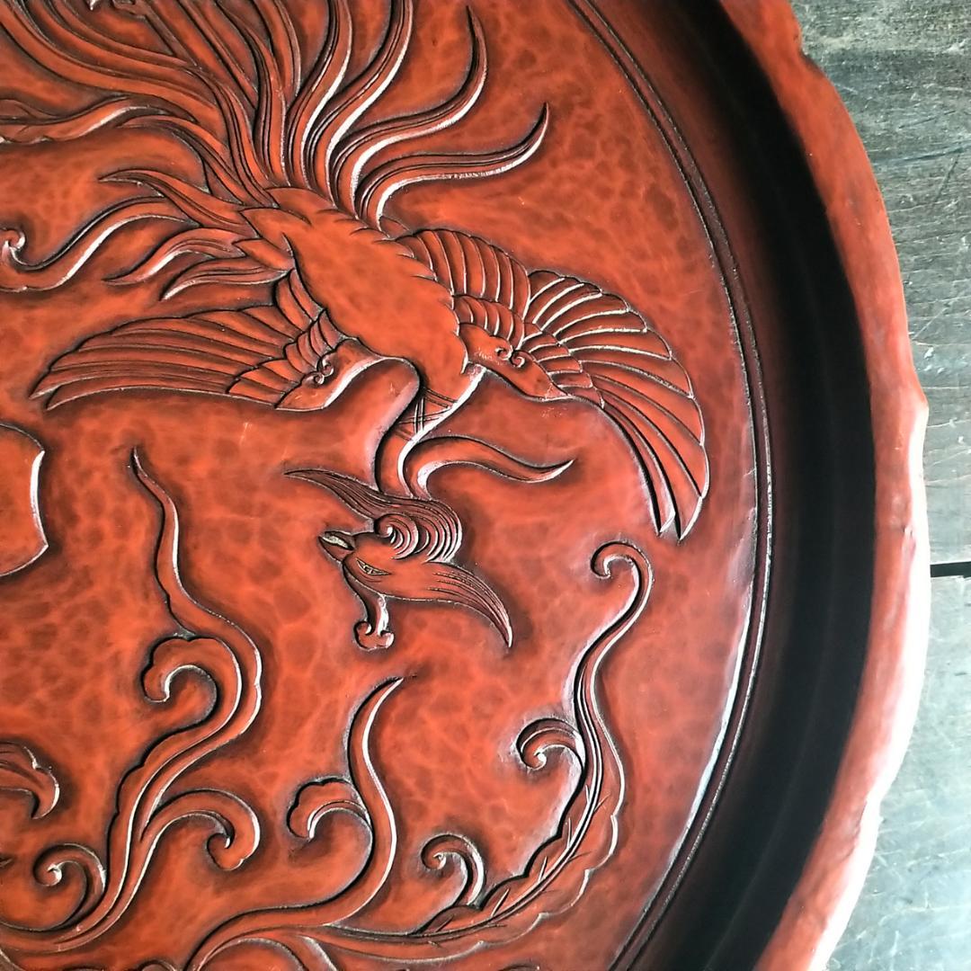 最高級 鎌倉彫　48㎝ 超大型 15寸 博古堂　鳳凰・古鏡モチーフ　丸盆・丸皿