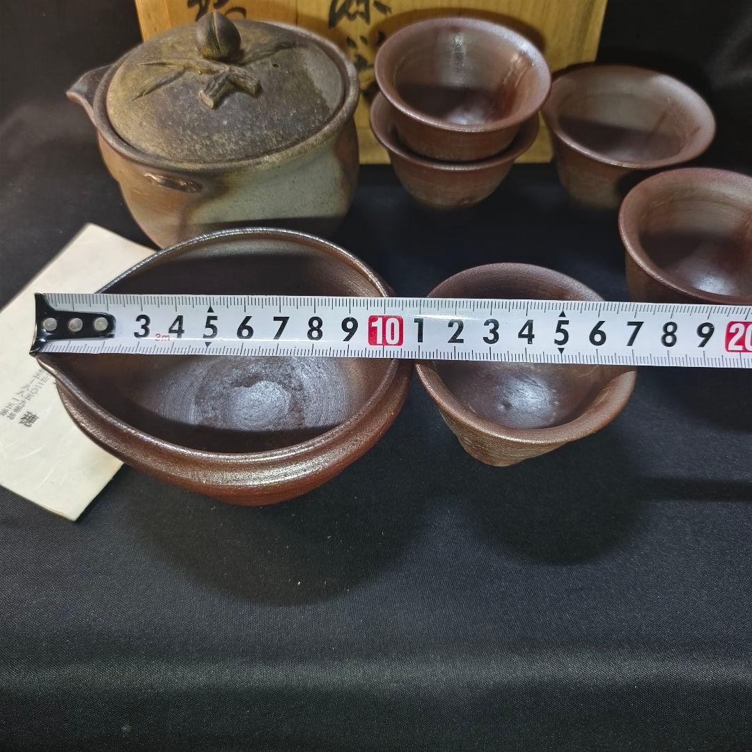煎茶道具 備前焼 小野田瑞穂　窯変宝瓶 寿桃摘み 湯冷まし 茶杯セット 火襷