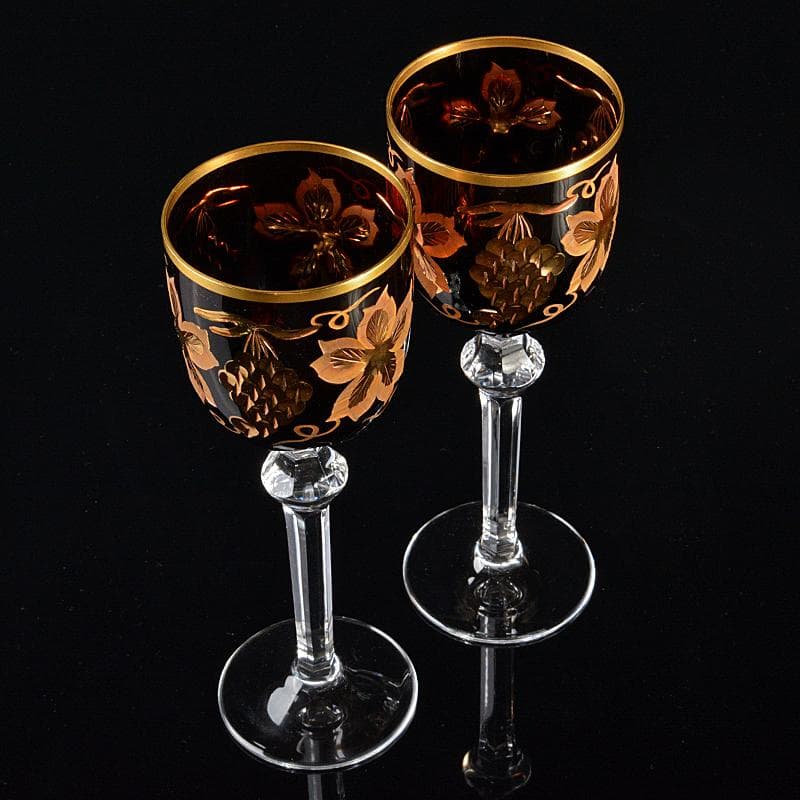 ボヘミアガラス　金彩　レッド　葡萄文　ワイングラス　ペア　M　R6069