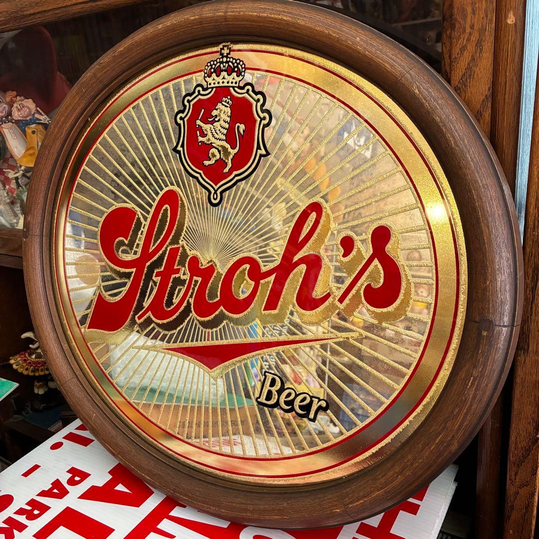 貴重！70's アメリカアンティークStroh's beer　パブミラー鏡USA