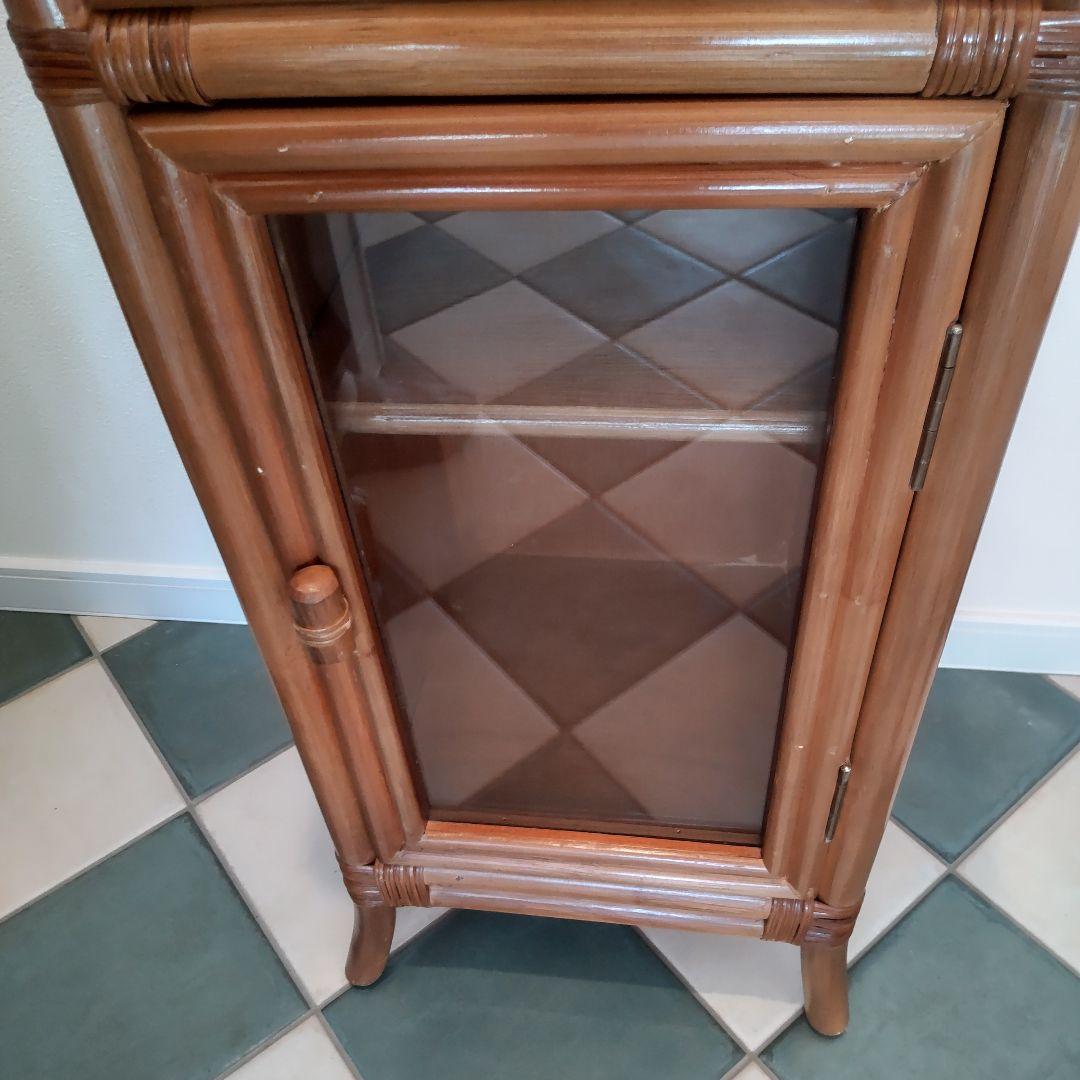 【ラタン電話台】ガラス扉 籐 チェスト 昭和レトロ　ヴィンテージ
