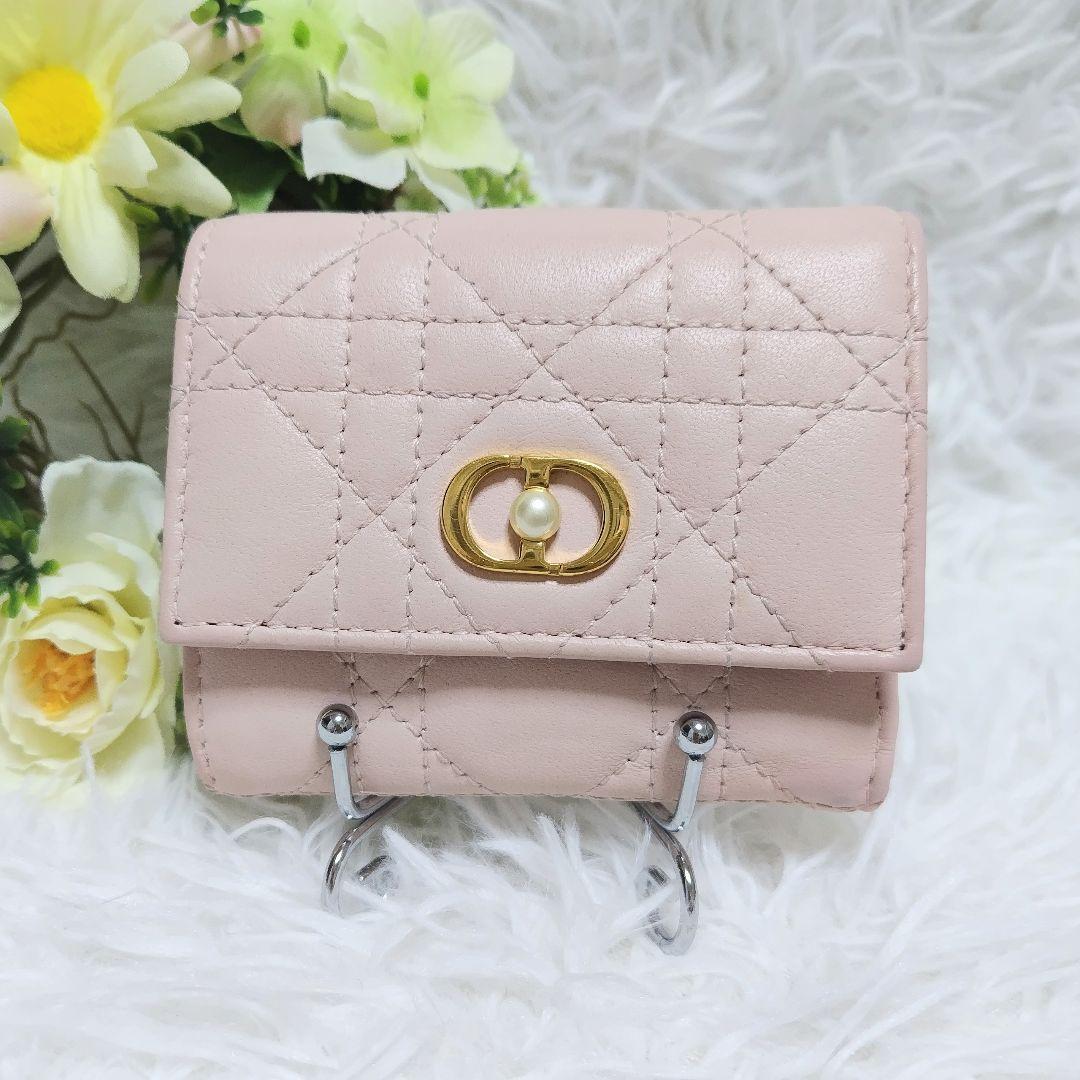 レア美品✨ディオール◇パールカロ三つ折り財布　カナージュゴールド金具ペールピンク