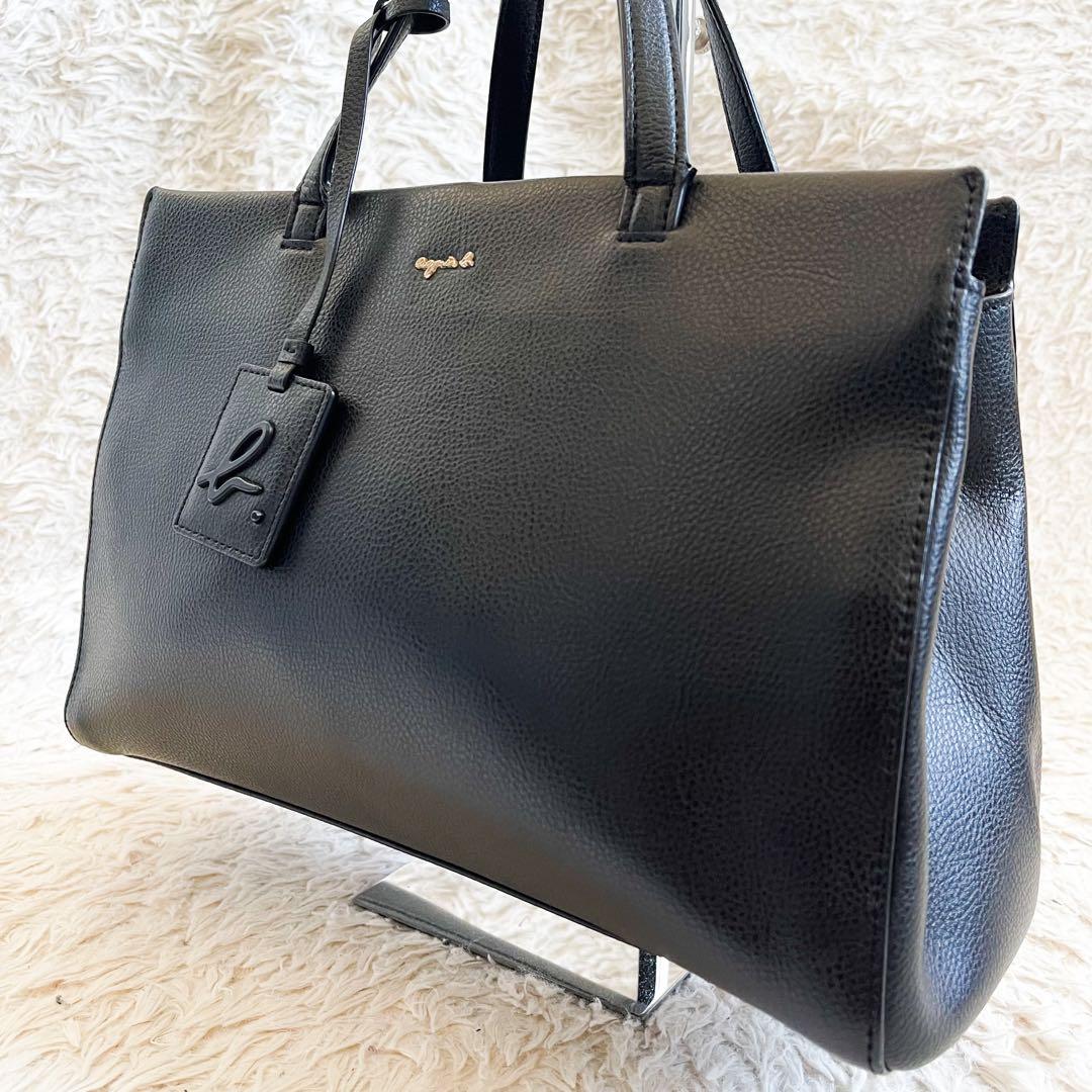 【美品】agnes b VOYAGE ハンドバッグ シボ革 ブラック チャームJ