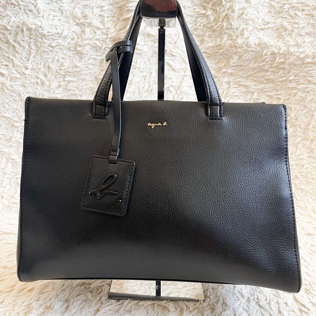 【美品】agnes b VOYAGE ハンドバッグ シボ革 ブラック チャームJ