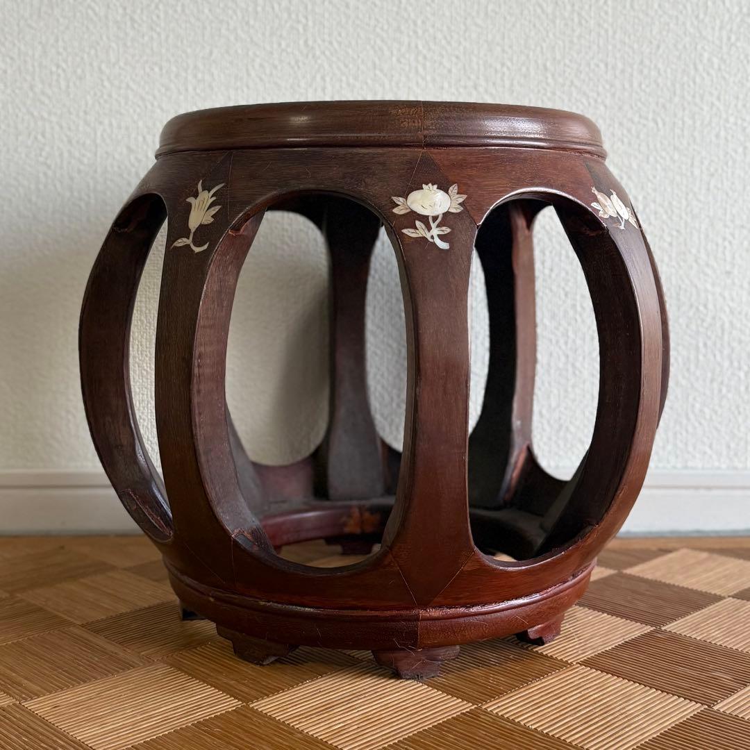 SNT1339 花梨 無垢 螺鈿細工 花鳥文 スツール　椅子 飾り台　中国美術