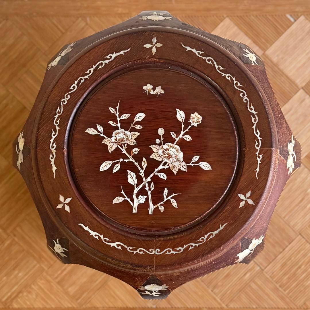 SNT1339 花梨 無垢 螺鈿細工 花鳥文 スツール　椅子 飾り台　中国美術