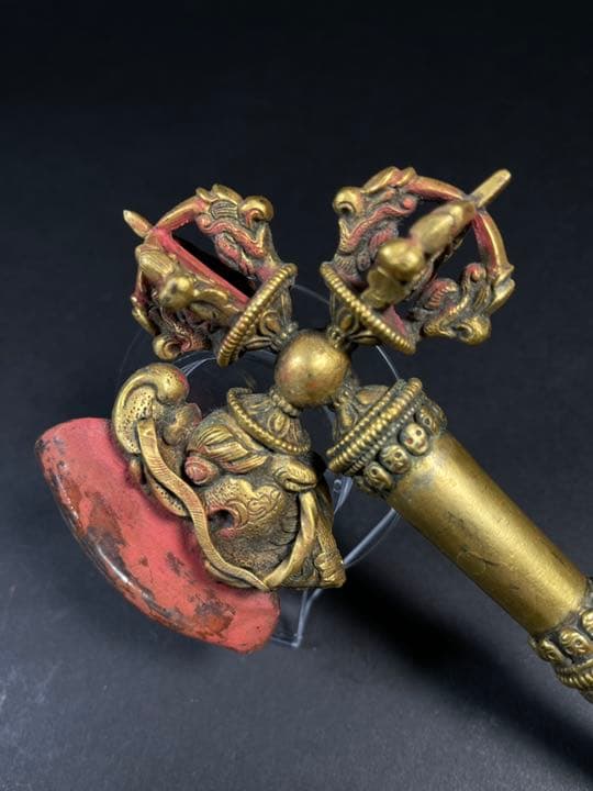 五股金剛杵月刀法器 鎏金法物 蔵出天然水晶刃嵌 金剛降魔法器 大逸品