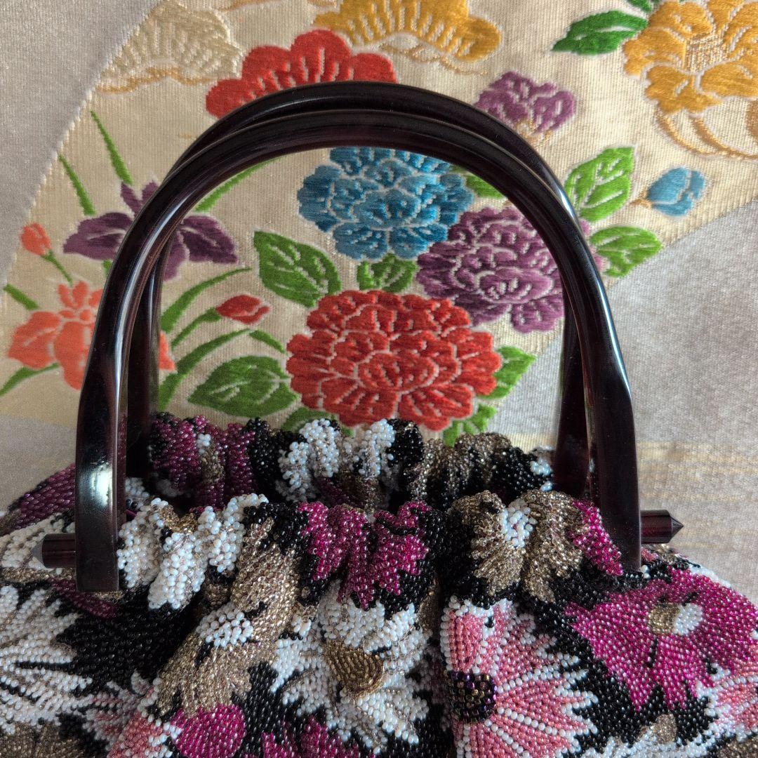 ビーズ和装バック　刺繍花　超美品