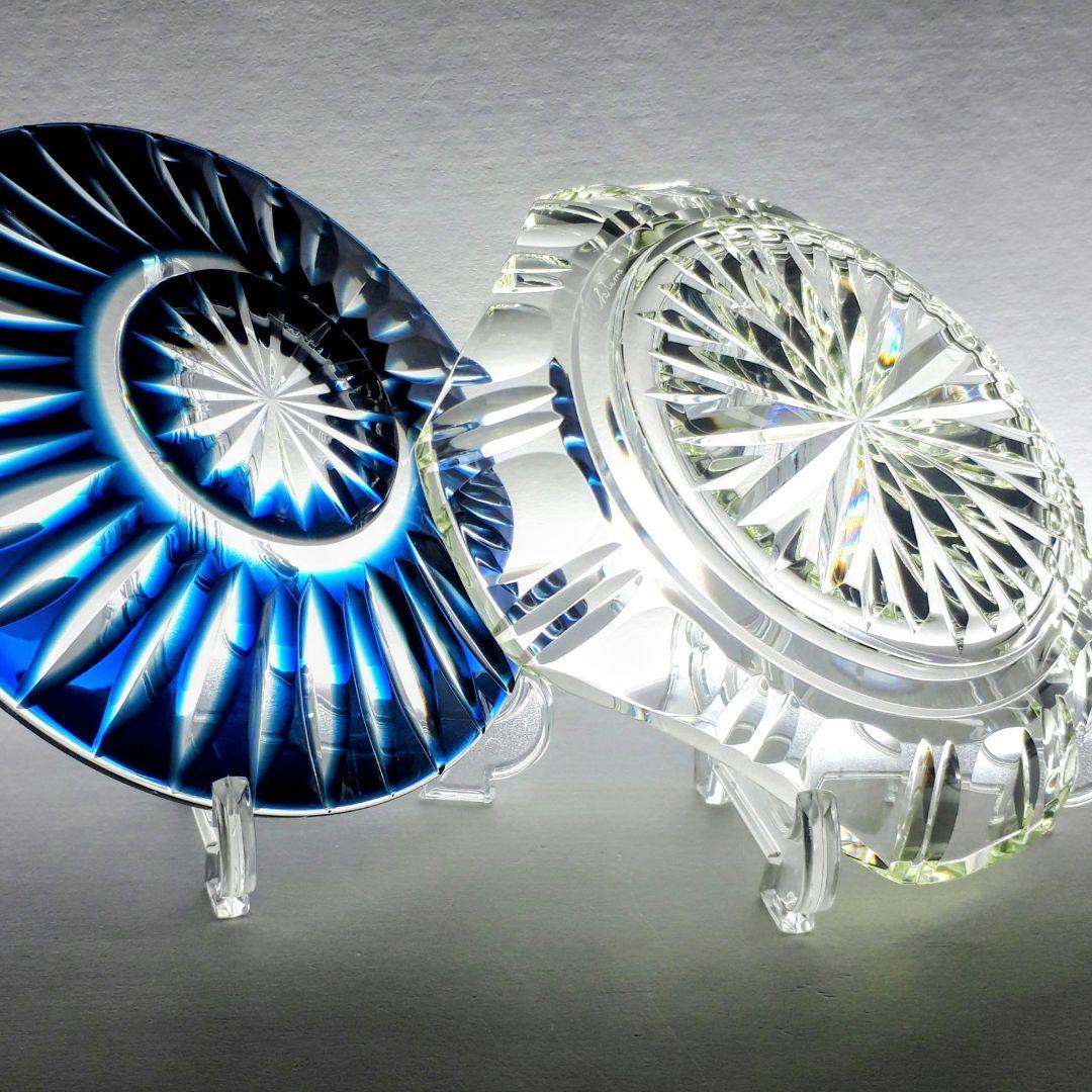 薩摩切子　藍色被せ皿・古式角皿 セット　【 薩摩びーどろ工芸 】