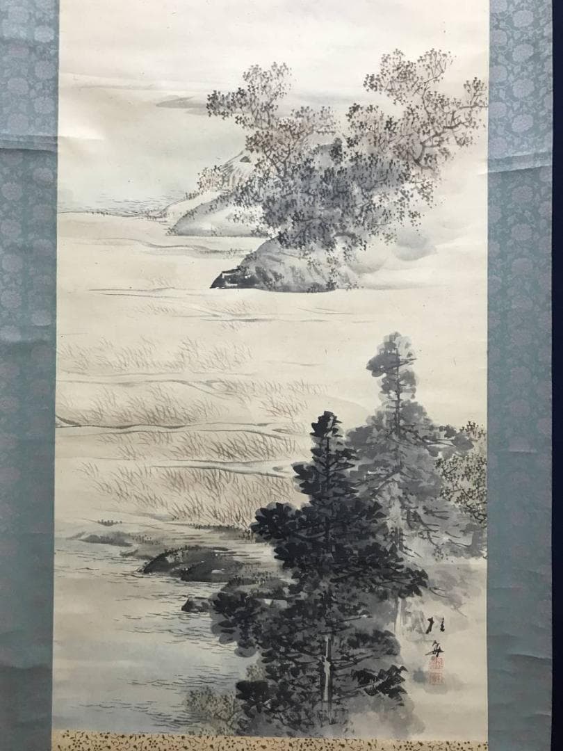 【真作】羽田桂舟/田家図/山水図/秋景山水図/掛軸/名家伝来/AC-749