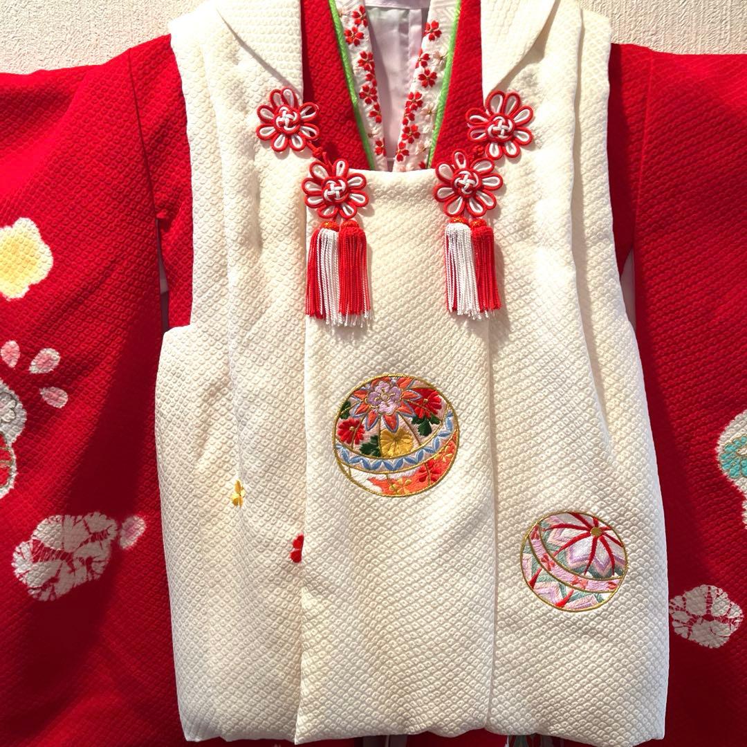 想美一　正絹　真紅　美品　絞り手描き七五三着物セット　3歳　白被布　日本製