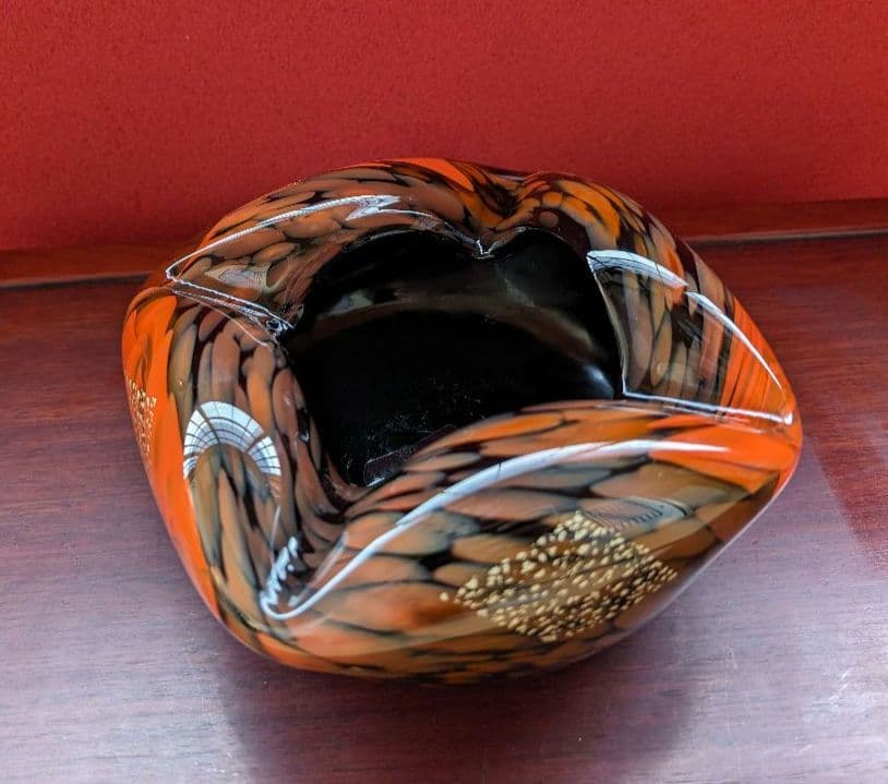 【箔入り】吹きガラス 灰皿 一点物 金箔 昭和レトロ インテリア 花生 オレンジ