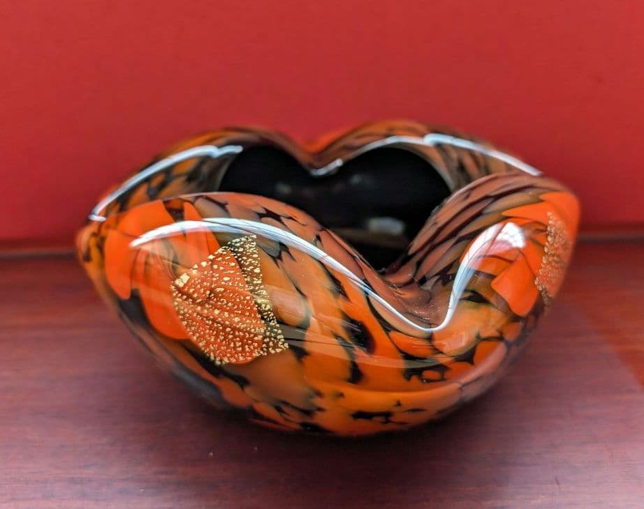 【箔入り】吹きガラス 灰皿 一点物 金箔 昭和レトロ インテリア 花生 オレンジ