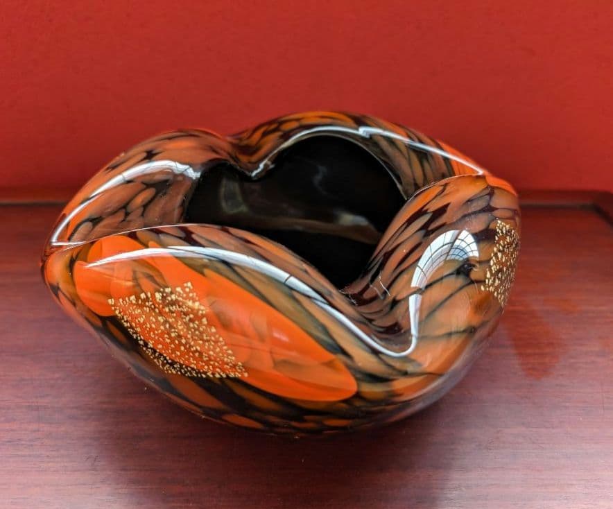 【箔入り】吹きガラス 灰皿 一点物 金箔 昭和レトロ インテリア 花生 オレンジ