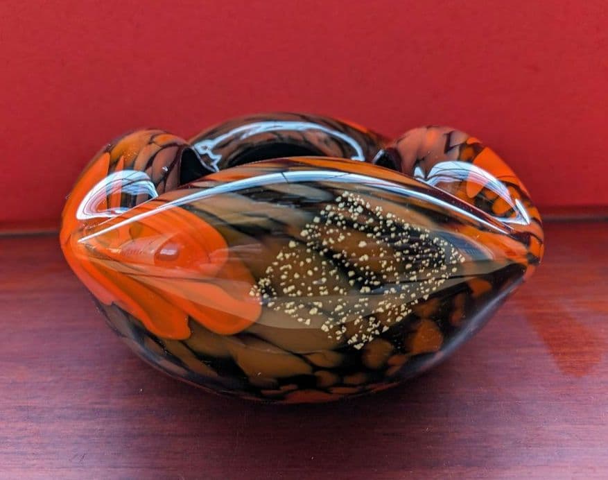 【箔入り】吹きガラス 灰皿 一点物 金箔 昭和レトロ インテリア 花生 オレンジ