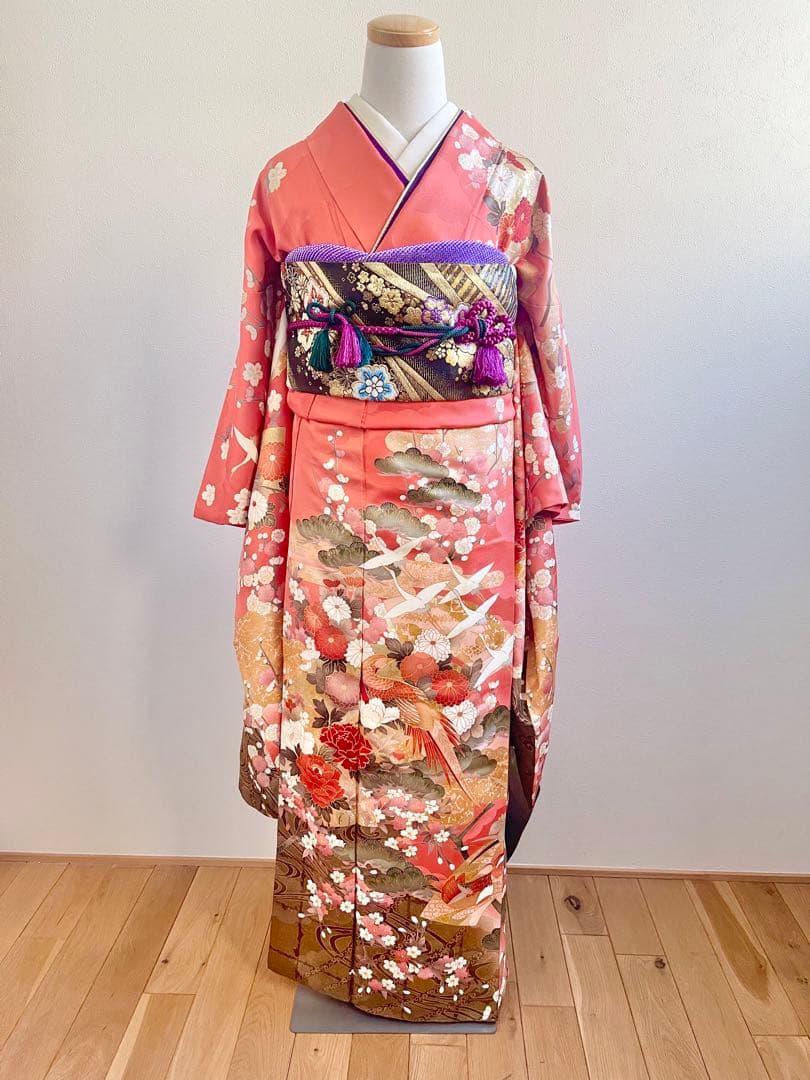 な*お様 振袖　振袖フルセット　着物　鶴模様　竹松　金彩　朱色　金糸