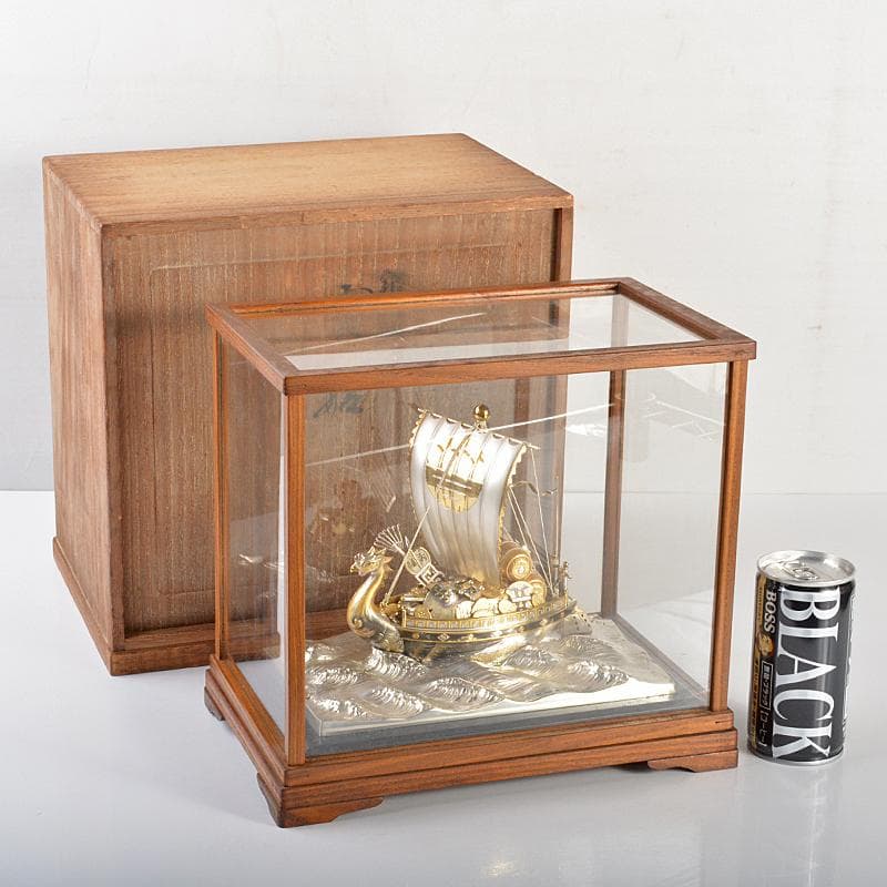 大阪尚美堂製　銀製　宝船　約287g　置物　ガラスケース付　F　R6756B